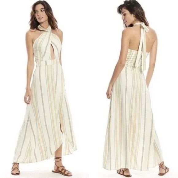 Happy X Nature Womens Cream Striped Linen Cutout Tide Halter Maxi Dress Size 4 - Picture 1 of 12